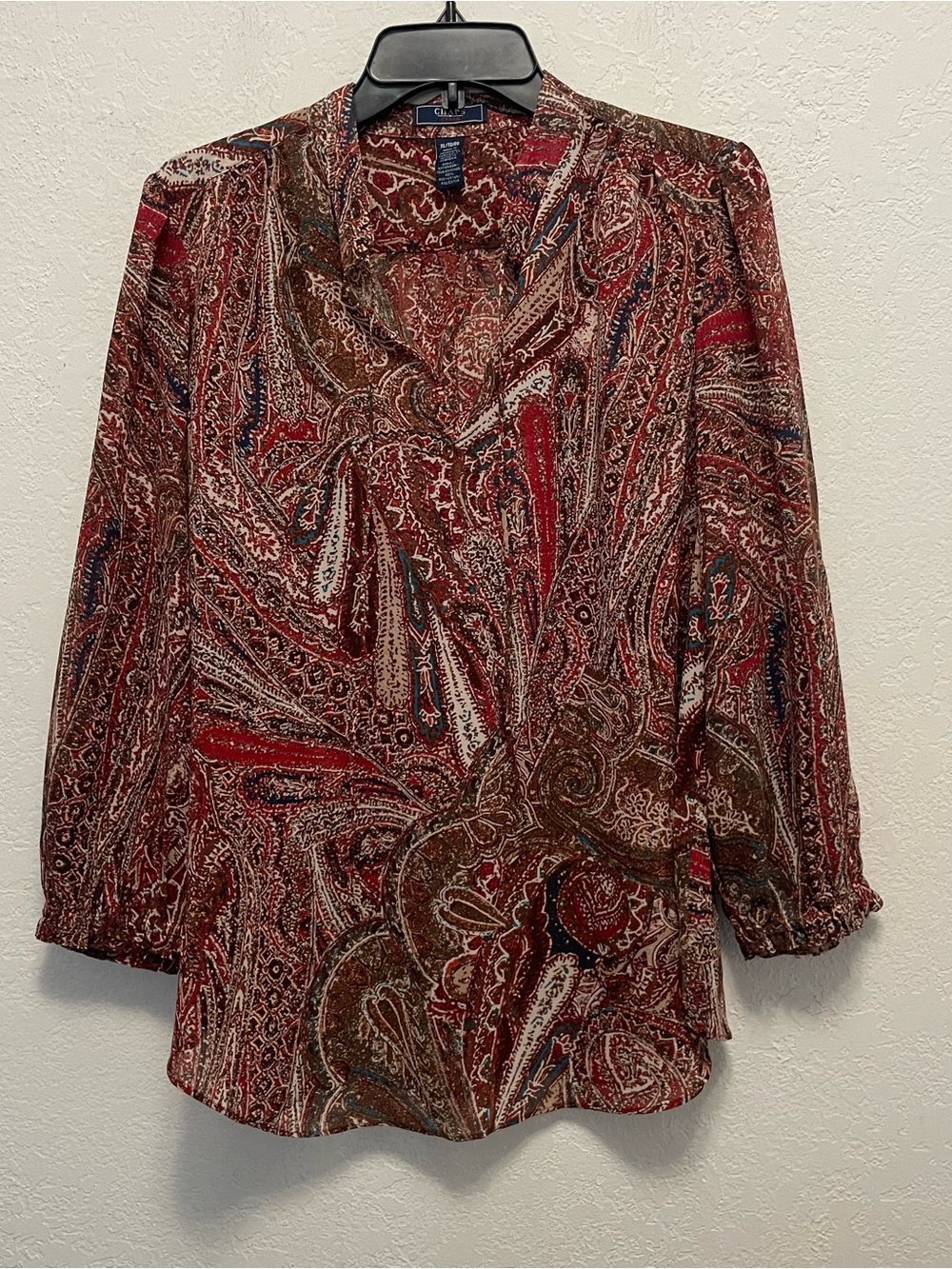 Chaps Denim - Maroon Paisley sheer top 3/4 sleeve tie neck  XL